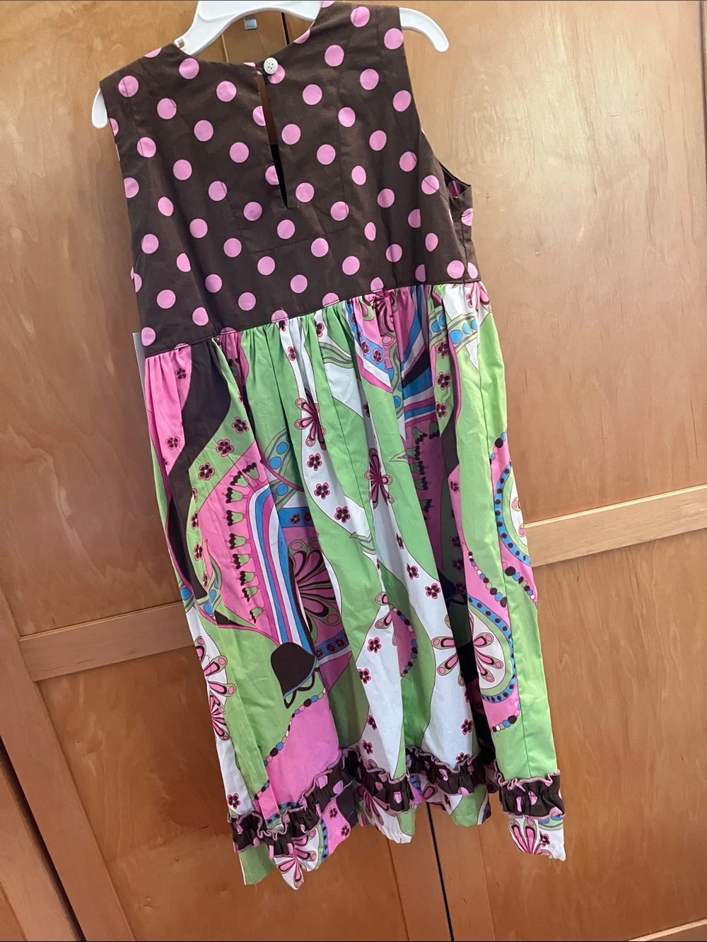 Corkys Brown Bodice Pink Polka Dot & Pink Green Floral Skirt Kids Dress